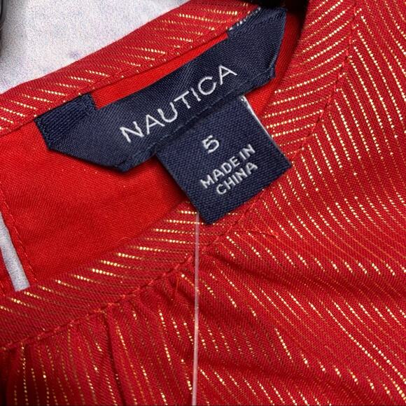 NEW Nautica Blouse, Flare Bell Sleeve, Red/Metallic Gold Stripes - Picture 9 of 10